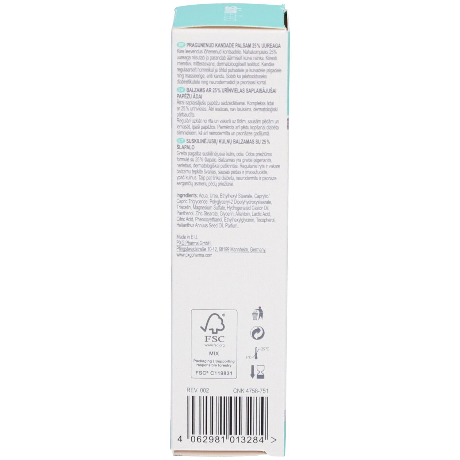 Dos de l'emballage en carton avec texte en plusieurs langues. Contient des informations sur les ingrédients et l'utilisation.