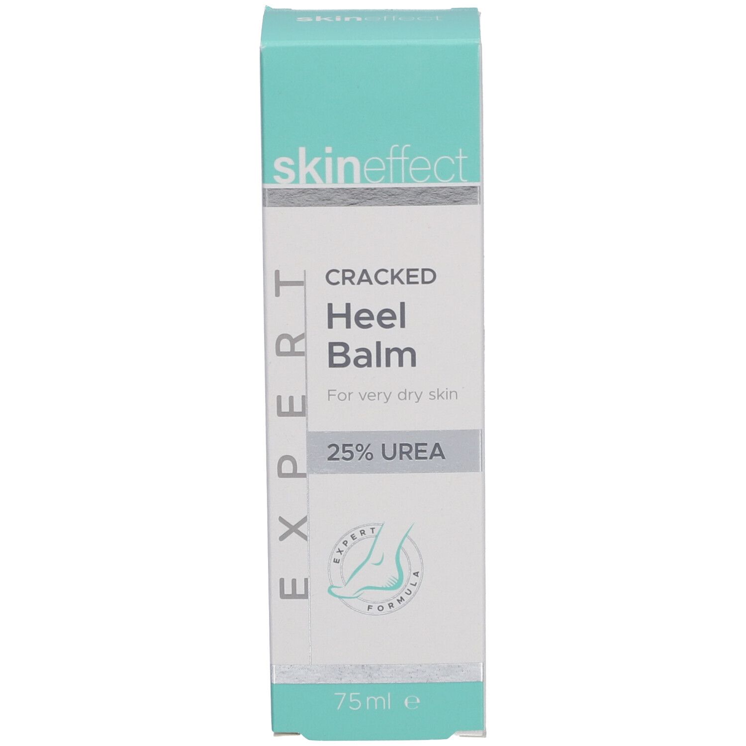 Emballage en carton avec l'inscription skin effect, Cracked Heel Balm, 25% Urea. Design turquoise et blanc.