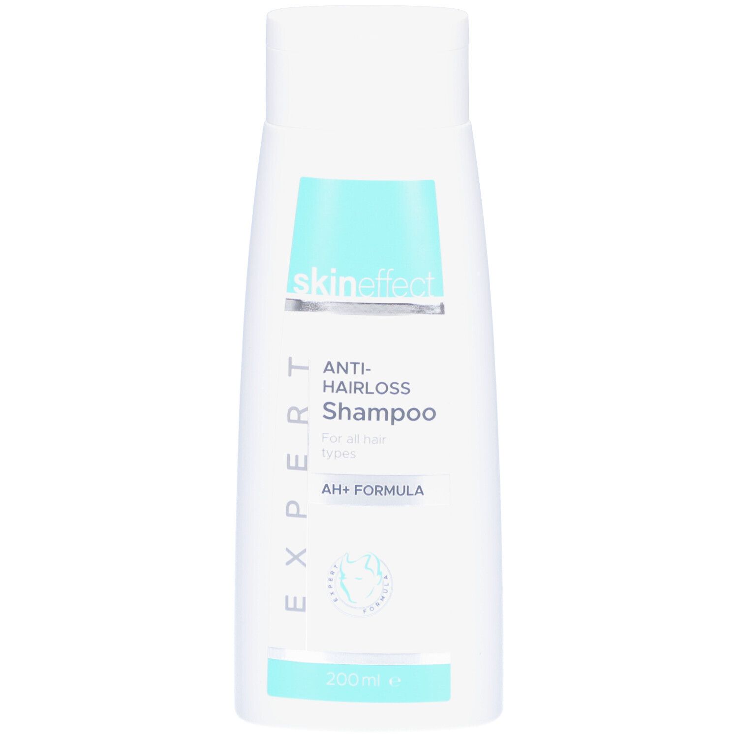 Weiße Shampoo-Flasche mit türkisfarbenem Etikett. Aufschrift: skin effect, Anti-Haarausfall Shampoo, AH+ FORMULA.
