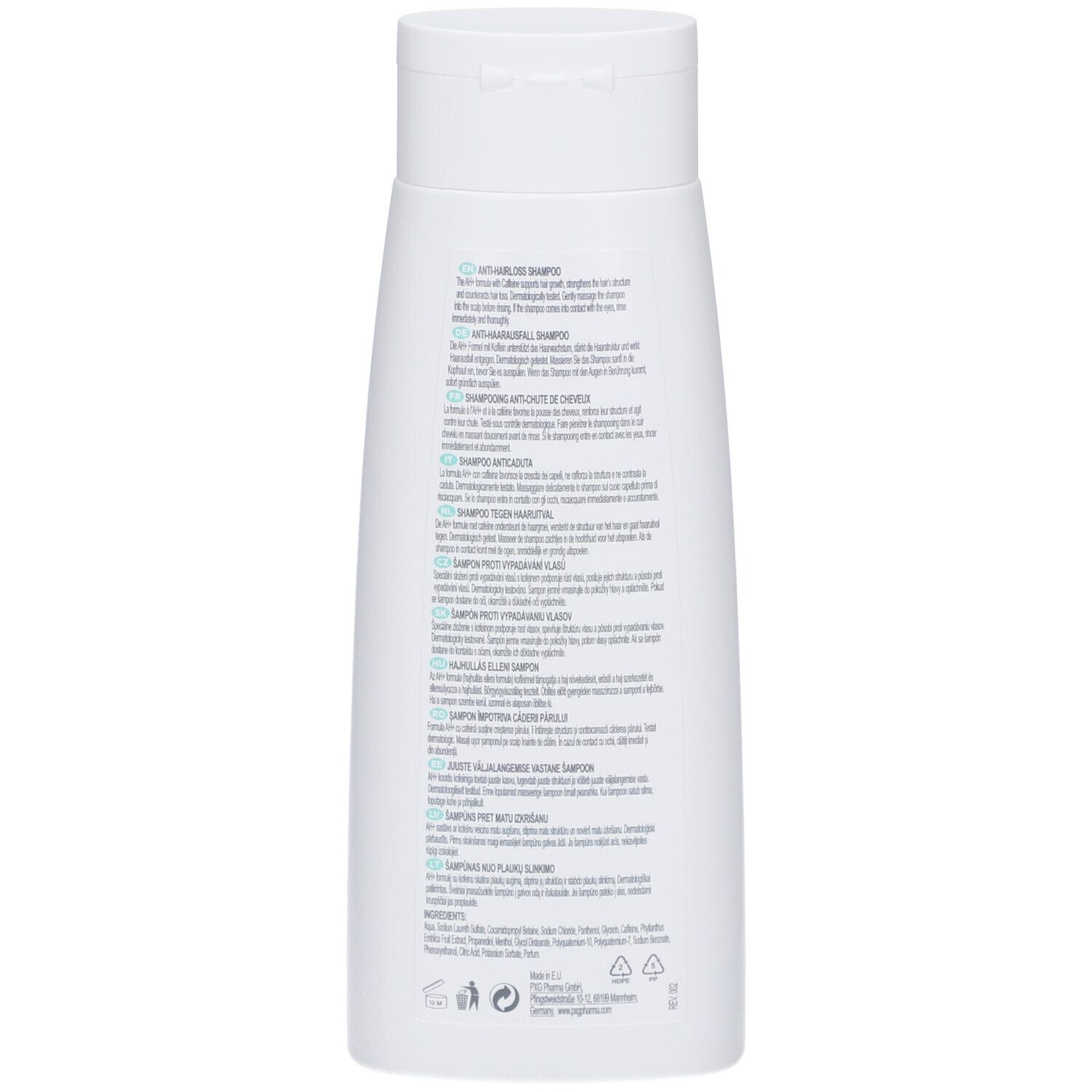 Rückseite einer weißen Shampoo-Flasche. Mehrsprachiger Text, darunter Inhaltsstoffe und Herstellerinformationen.