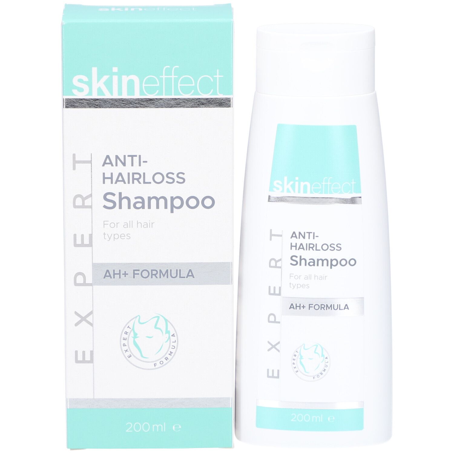 Produktverpackung mit Shampoo-Flasche. Weiße Schachtel und Flasche mit türkisfarbenen Akzenten. Aufschrift: skin effect.