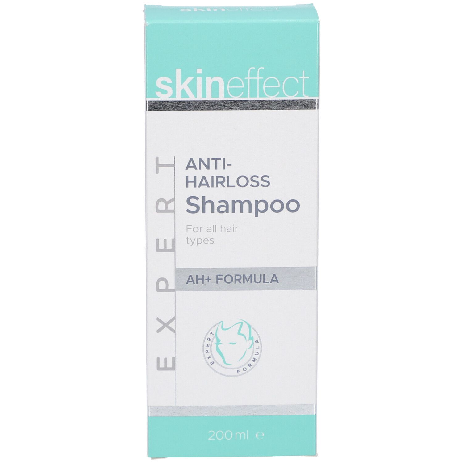 Weiße Schachtel mit türkisfarbenem Deckel. Aufschrift: skin effect, Anti-Haarausfall Shampoo, AH+ FORMULA, 200ml.
