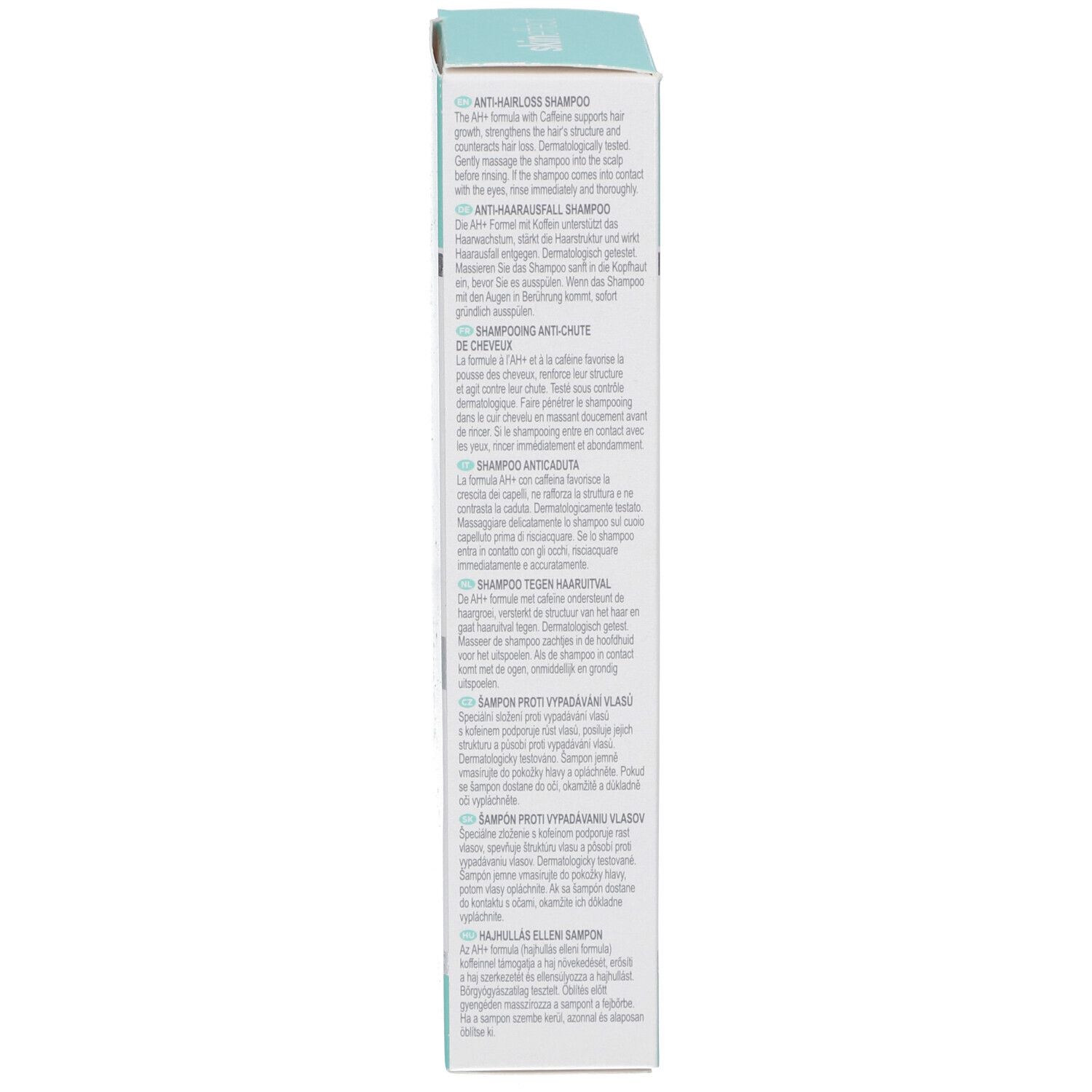 Schachtel-Seite mit Text. Mehrsprachige Produktinformationen, darunter Inhaltsstoffe und Herstellerangaben.