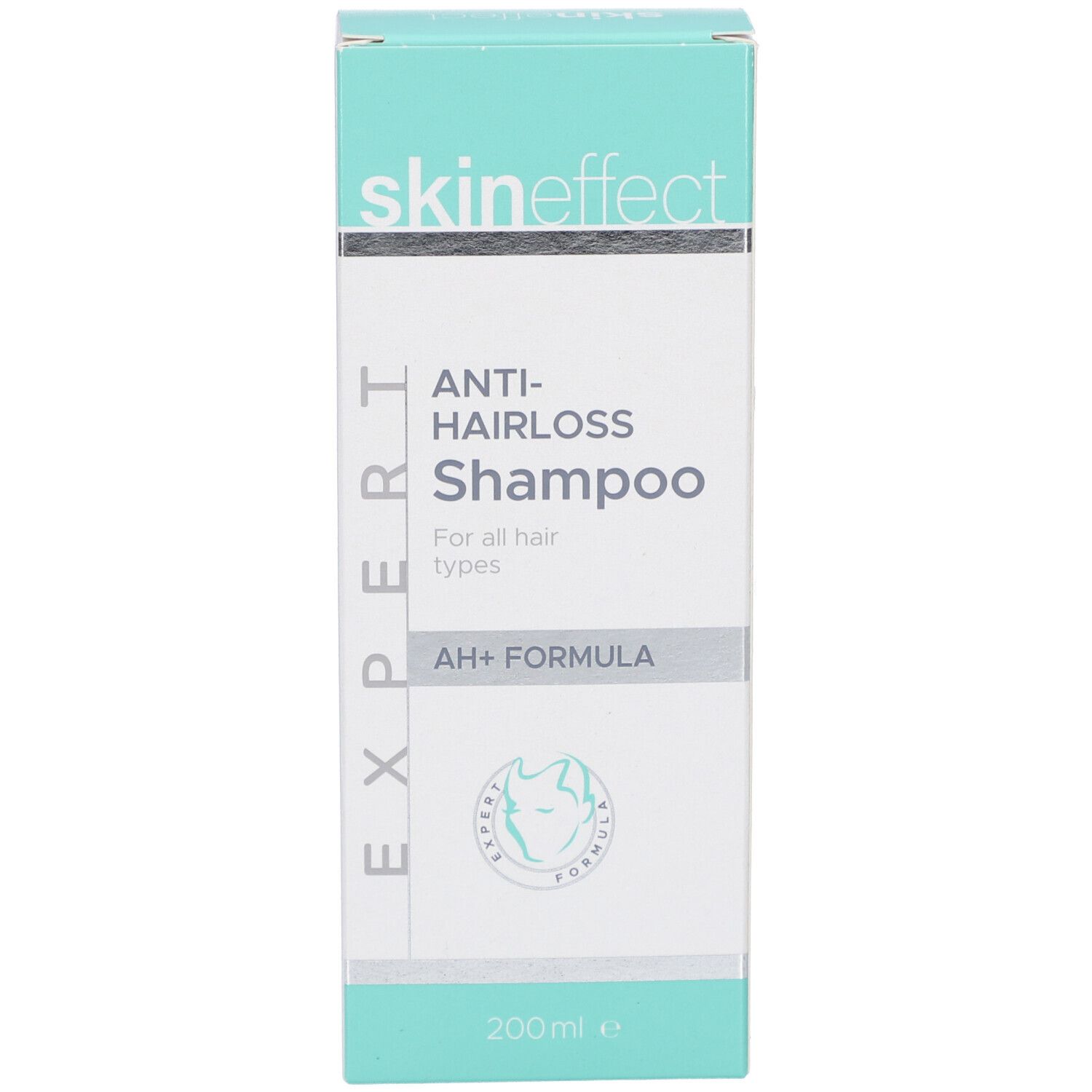 Weiße Schachtel mit türkisfarbenem Deckel. Aufschrift: skin effect, Anti-Haarausfall Shampoo, AH+ FORMULA, 200ml.