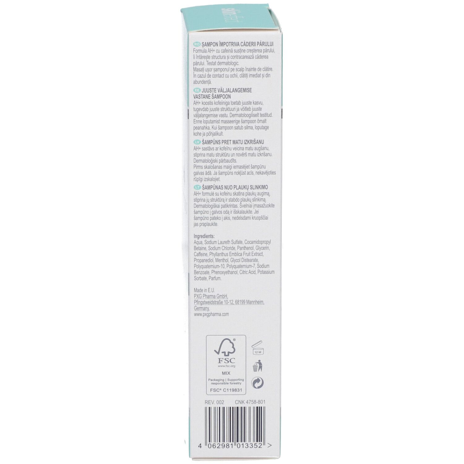 Schachtel-Seite mit Text. Mehrsprachige Produktinformationen, darunter Inhaltsstoffe und Herstellerangaben.