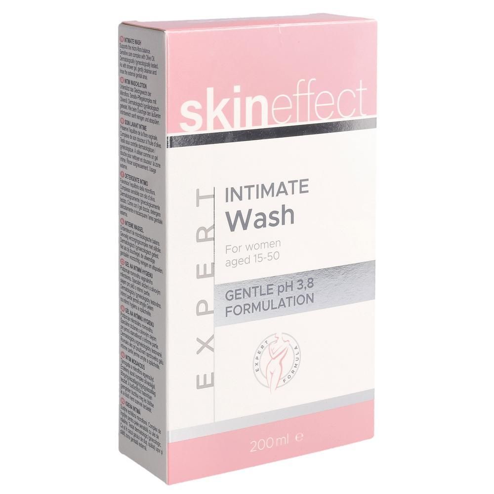 Verpackung von SKINEFFECT Intimate Wash, 200ml, mit sanfter pH 3.8 Formulierung.