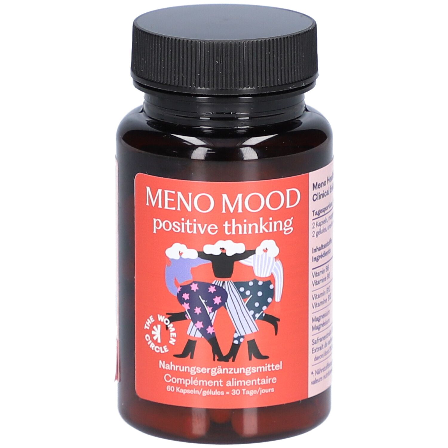 Braune Flasche mit schwarzem Deckel. Auf dem Etikett steht "MENO MOOD positive thinking". Enthält 60 Kapseln.
