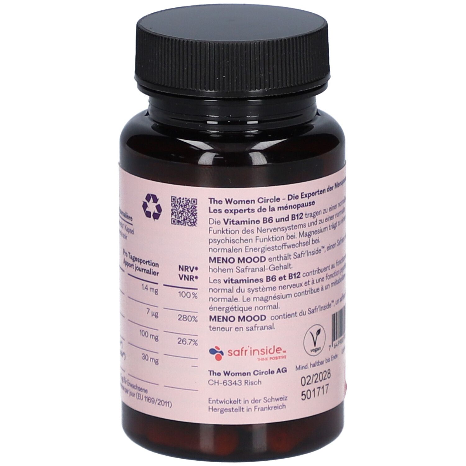 Rückseite der Flasche mit Inhaltsstoffangaben und Nährwertinformationen. Vegan-Siegel und Herstellerangaben.