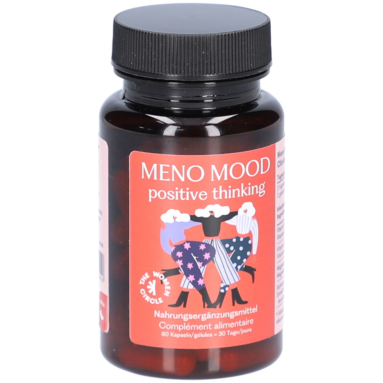 Braune Flasche mit schwarzem Deckel. Auf dem Etikett steht "MENO MOOD positive thinking". 60 Kapseln.
