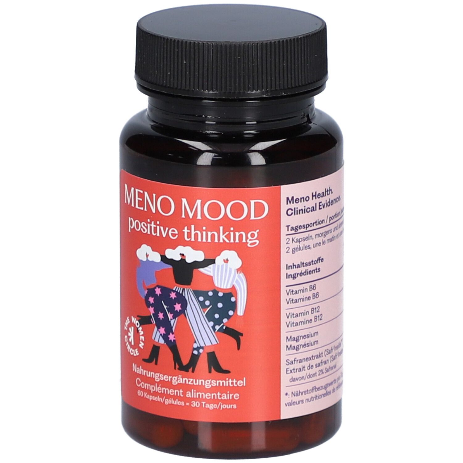 Braune Flasche mit schwarzem Deckel. Etikett mit "MENO MOOD positive thinking". Enthält 60 Kapseln.