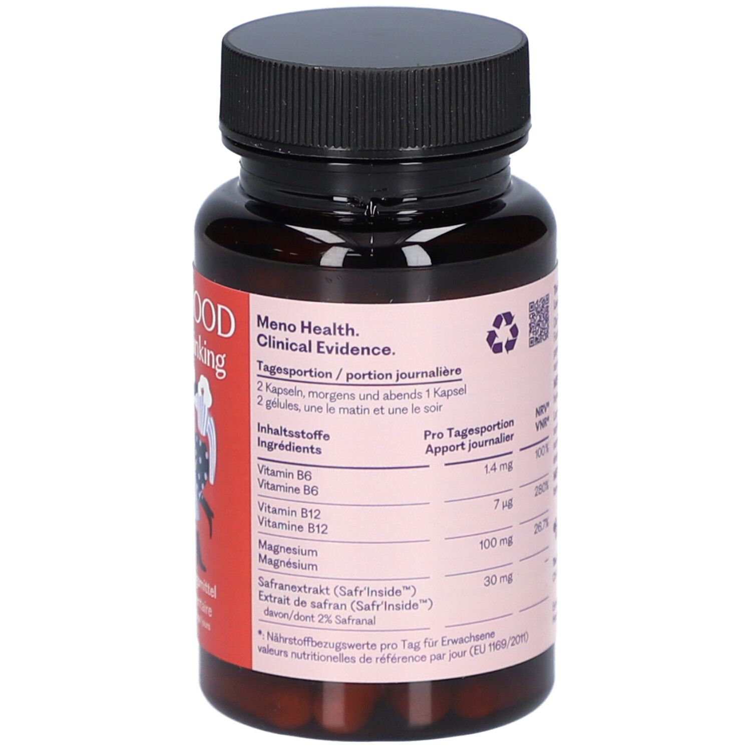 Rückseite der Flasche mit Inhaltsstoffangaben und Dosierung. Enthält Vitamin B6, B12, Magnesium und Safran.