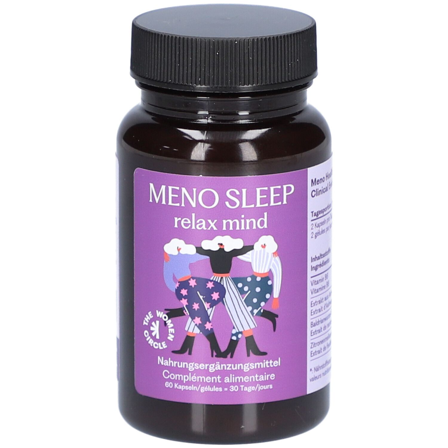 Braune Flasche mit schwarzem Deckel. Aufkleber mit "MENO SLEEP relax mind" und Illustration. 60 Kapseln.