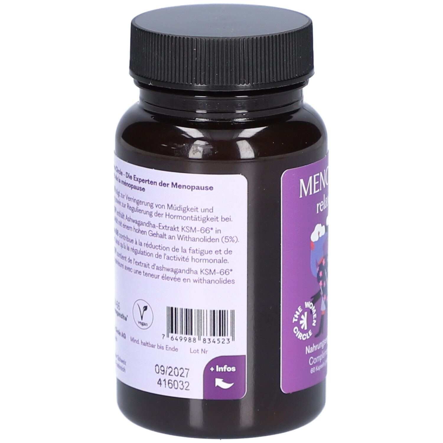 Rückseite der Flasche. Text über Inhaltsstoffe und Hersteller. Barcode und Haltbarkeitsdatum 09/2027.