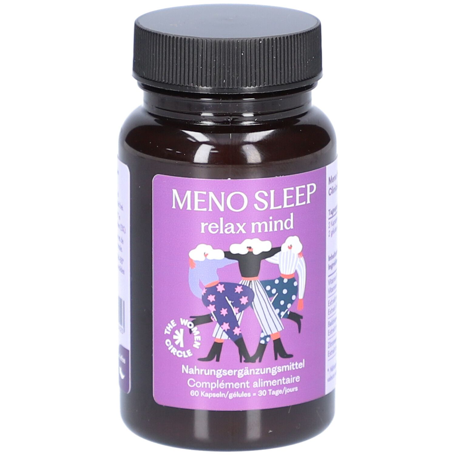 Braune Flasche mit schwarzem Deckel. Aufkleber mit "MENO SLEEP relax mind" und Illustration. 60 Kapseln.