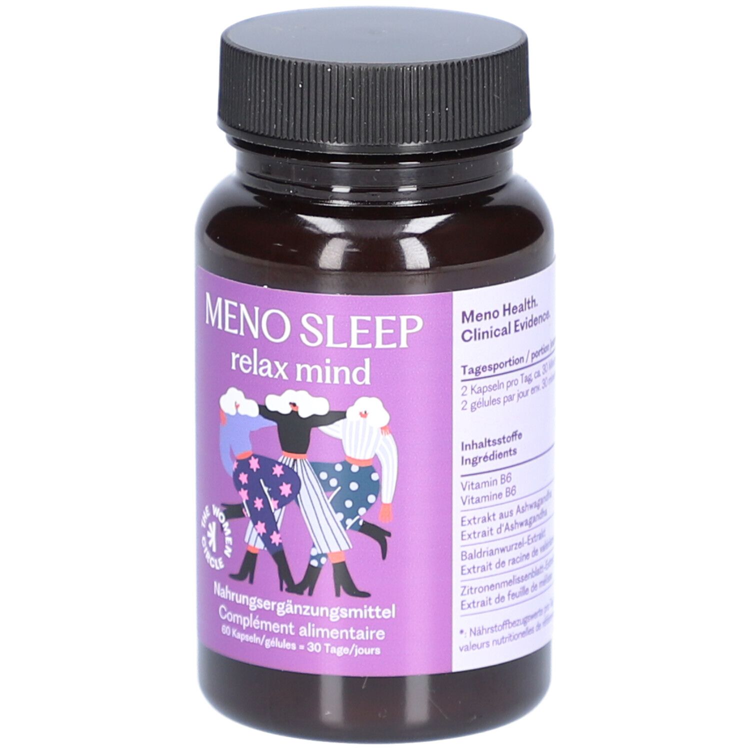 Braune Flasche mit schwarzem Deckel. Aufkleber mit "MENO SLEEP relax mind" und Inhaltsstoffen. 60 Kapseln.