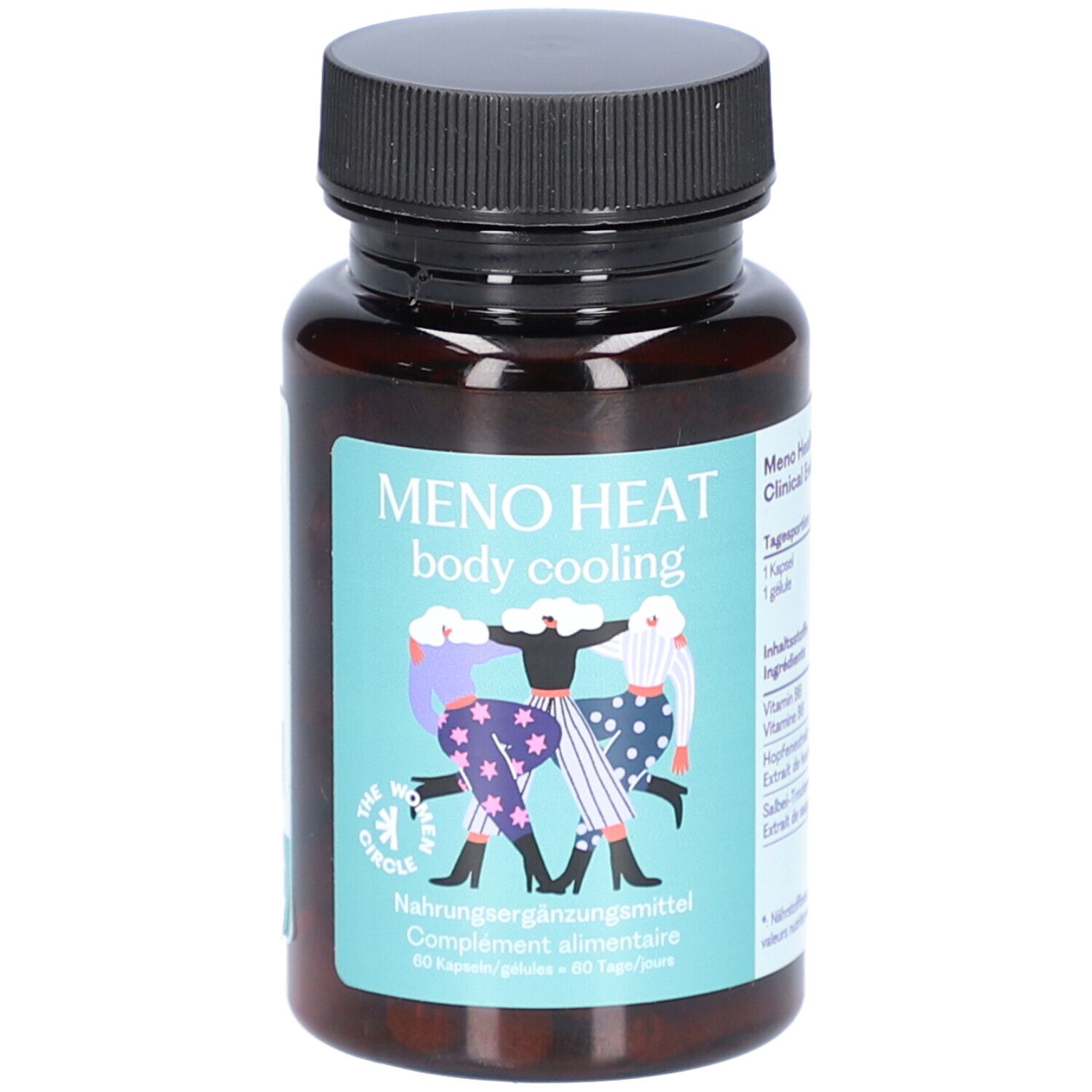 Braune Flasche mit schwarzem Deckel. Aufkleber mit Produktnamen Meno Heat und Illustration von Frauen. Nahrungsergänzungsmittel.