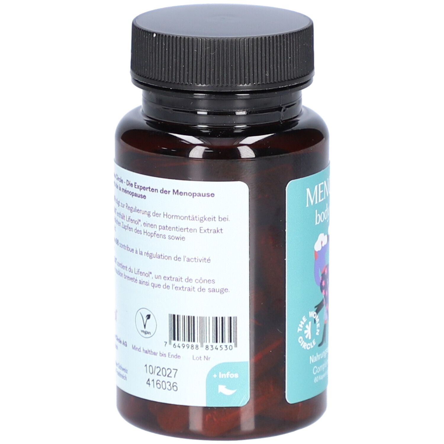 Rückseite einer braunen Flasche mit schwarzem Deckel. Textinformationen über das Produkt und Inhaltsstoffe. Vegan-Siegel.