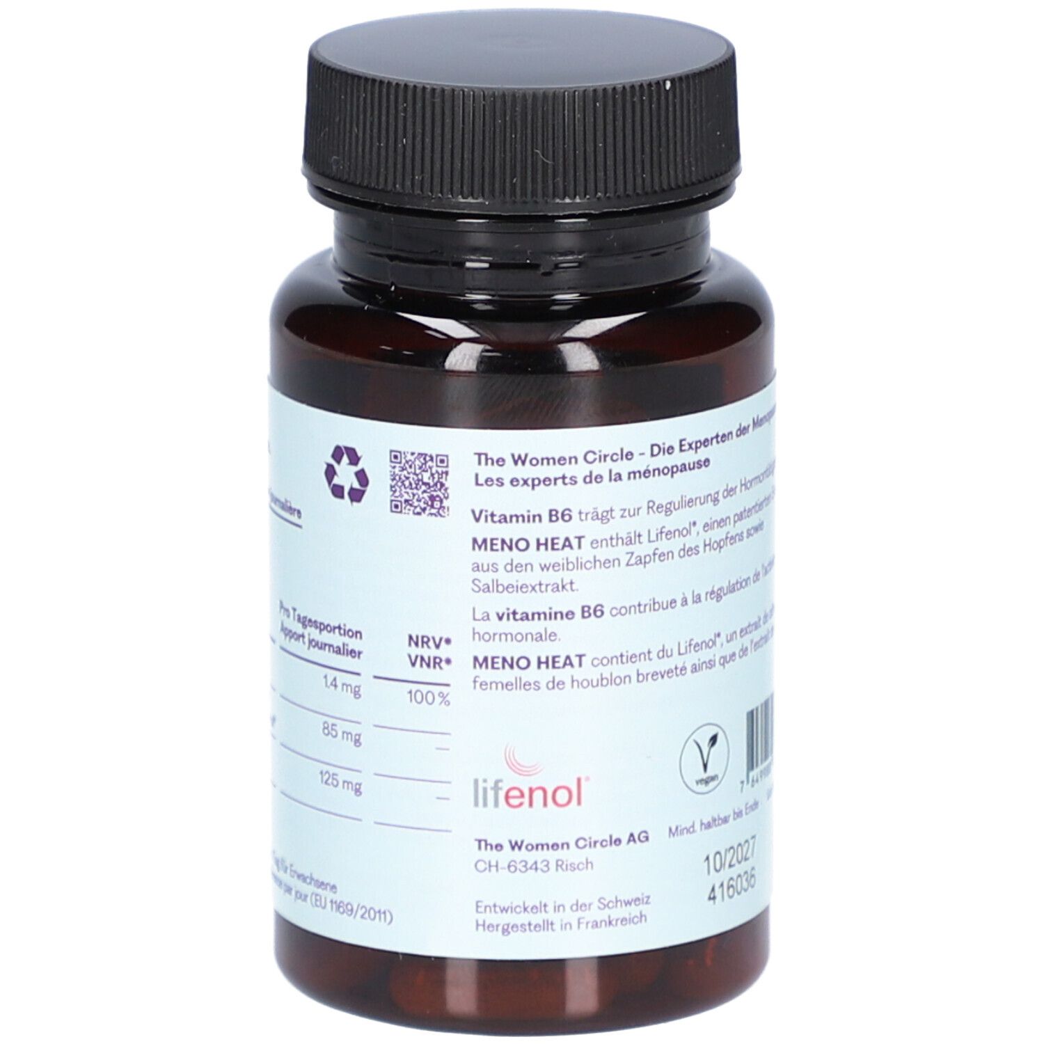 Rückseite der Flasche mit Informationen. Enthält Vitamin B6 und Lifenol. Vegan-Siegel. Mindesthaltbarkeitsdatum 10/2027.