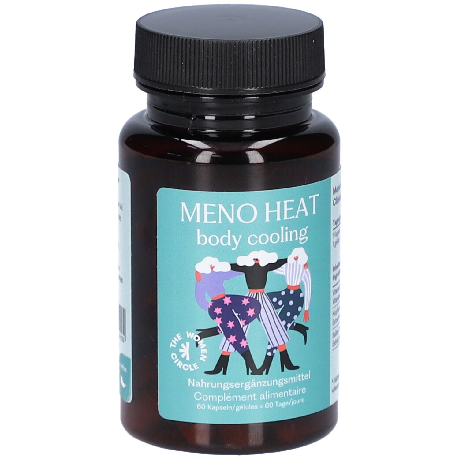 Braune Flasche mit schwarzem Deckel. Aufkleber mit Produktnamen Meno Heat und Illustration von Frauen. Nahrungsergänzungsmittel.