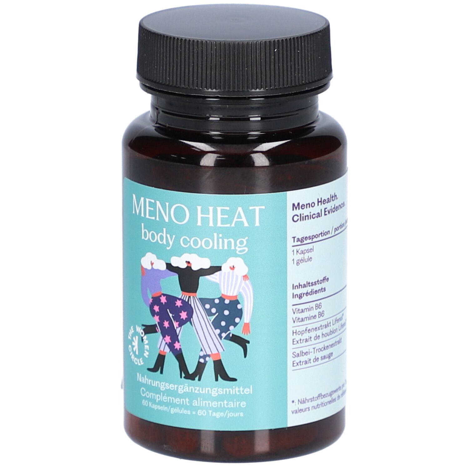 Braune Flasche mit schwarzem Deckel. Aufkleber mit Produktnamen Meno Heat und Illustration von Frauen. Nahrungsergänzungsmittel.