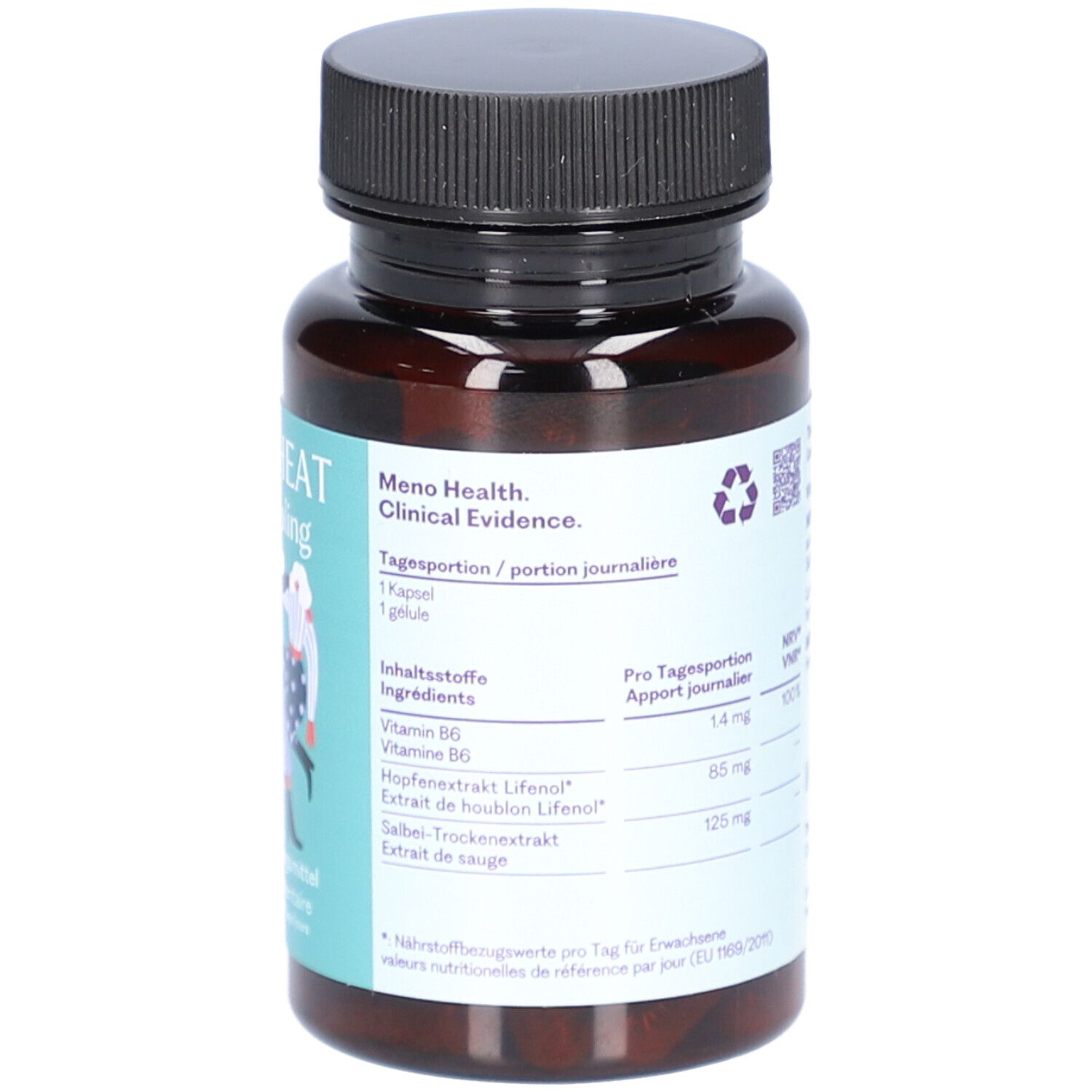 Rückseite der Flasche mit Informationen. Enthält Vitamin B6 und Lifenol. Vegan-Siegel. Nährwertangaben pro Portion.
