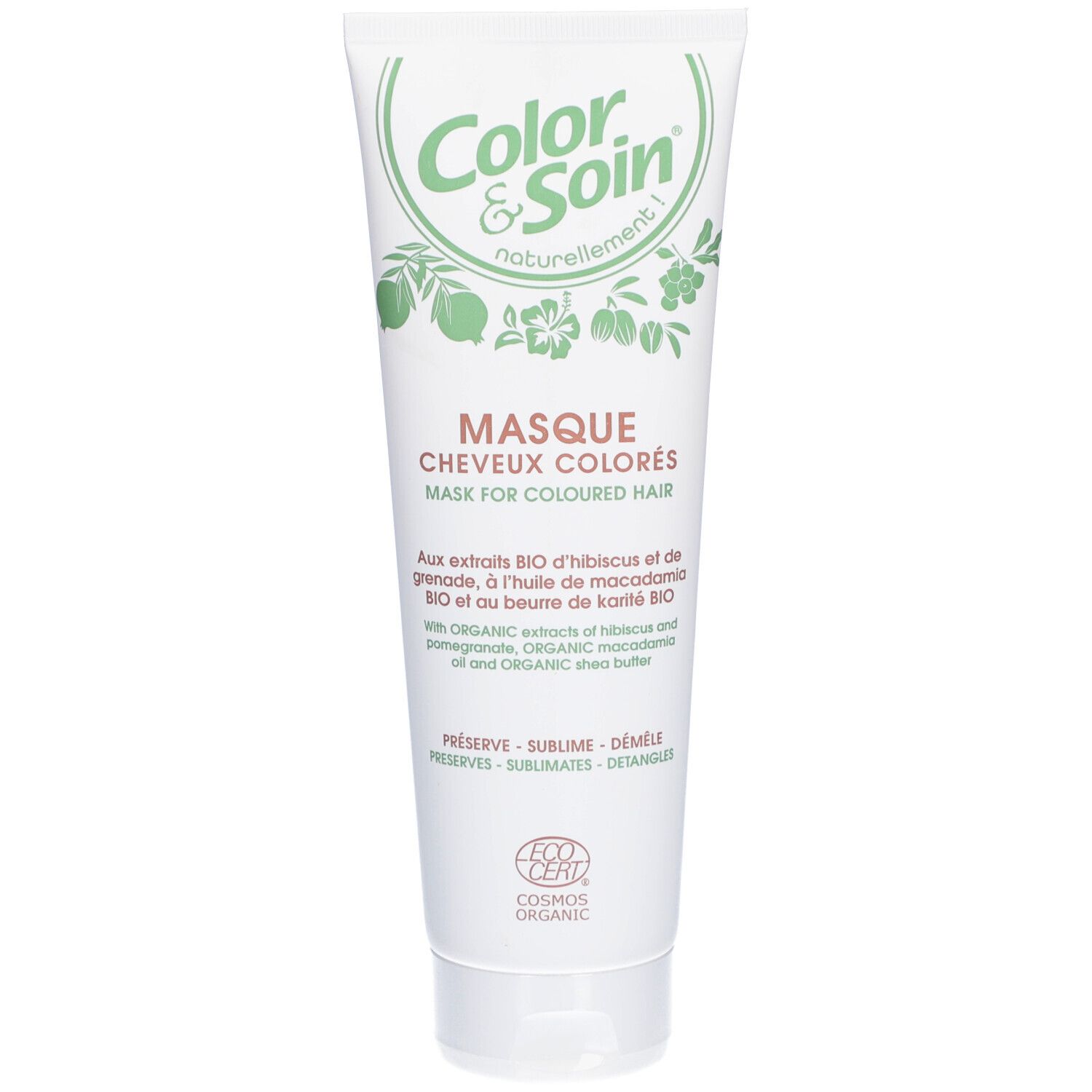 Tube de Masque Cheveux Colorés Color&Soin. Blanc, texte et logo verts. Contient des extraits bio et le label EcoCert.