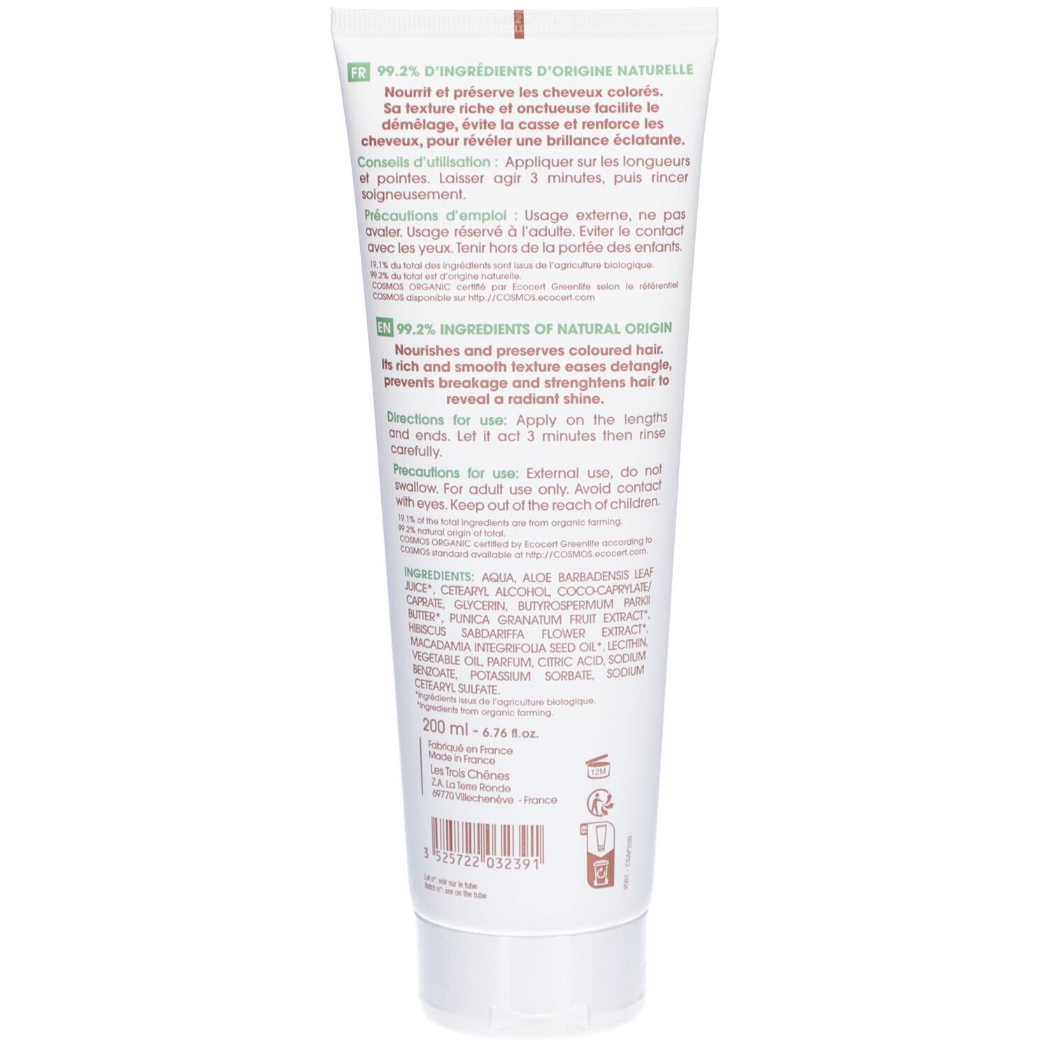 Dos du tube de Masque Cheveux Colorés Color&Soin. Texte multilingue, ingrédients et volume : 200 ml.