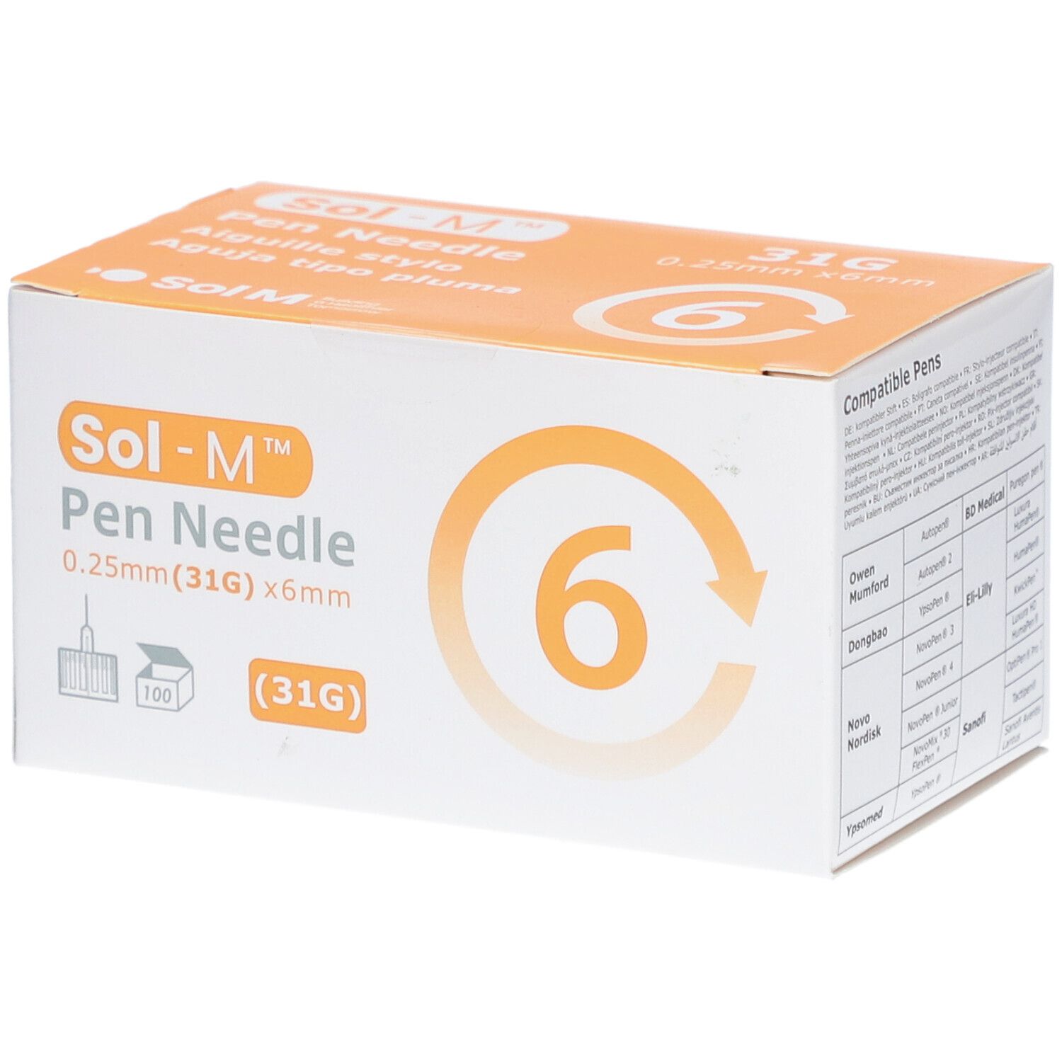 Boîte de Sol-M Pen Needle. Contient 6 aiguilles, 0,25 mm x 6 mm. Inscriptions : 31G, logo Sol-M, nom du produit, stylos compatibles.