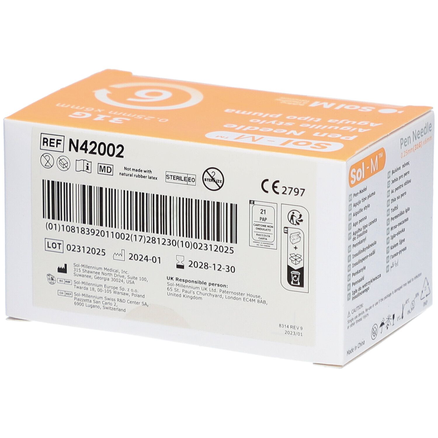 Dos de la boîte Sol-M Pen Needle. Contient 6 aiguilles. Inscriptions : REF N42002, MD, CE2797, numéro de lot, date de péremption, code-barres.