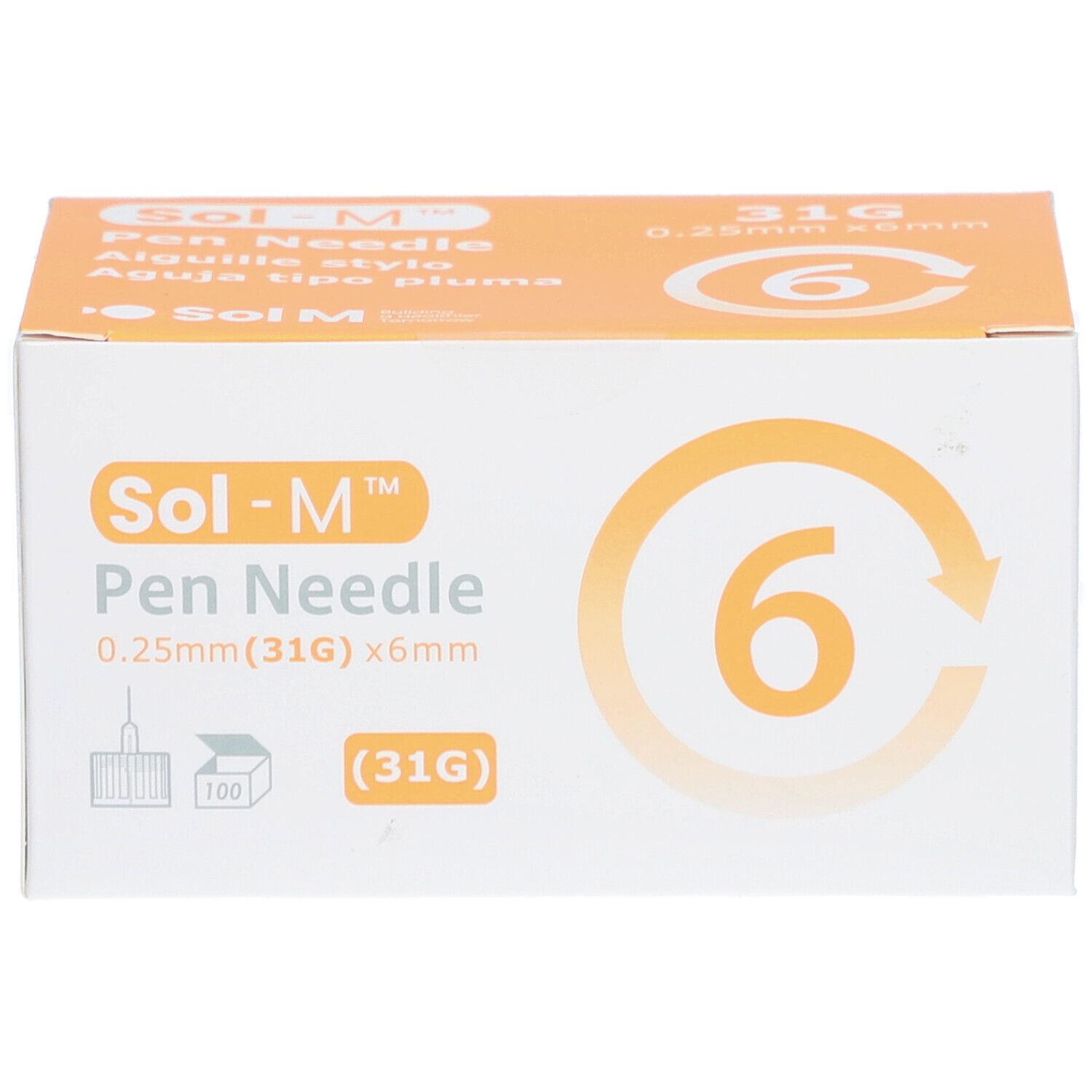 Boîte de Sol-M Pen Needle. Contient 6 aiguilles, 0,25 mm x 6 mm. Inscriptions : 31G, logo Sol-M, nom du produit, nombre 6.