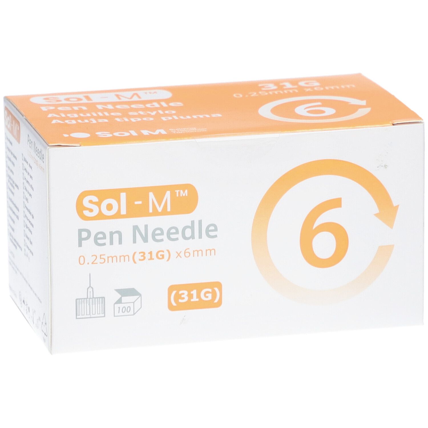 Boîte de Sol-M Pen Needle. Contient 6 aiguilles, 0,25 mm x 6 mm. Inscriptions : 31G, logo Sol-M, nom du produit, nombre 6.