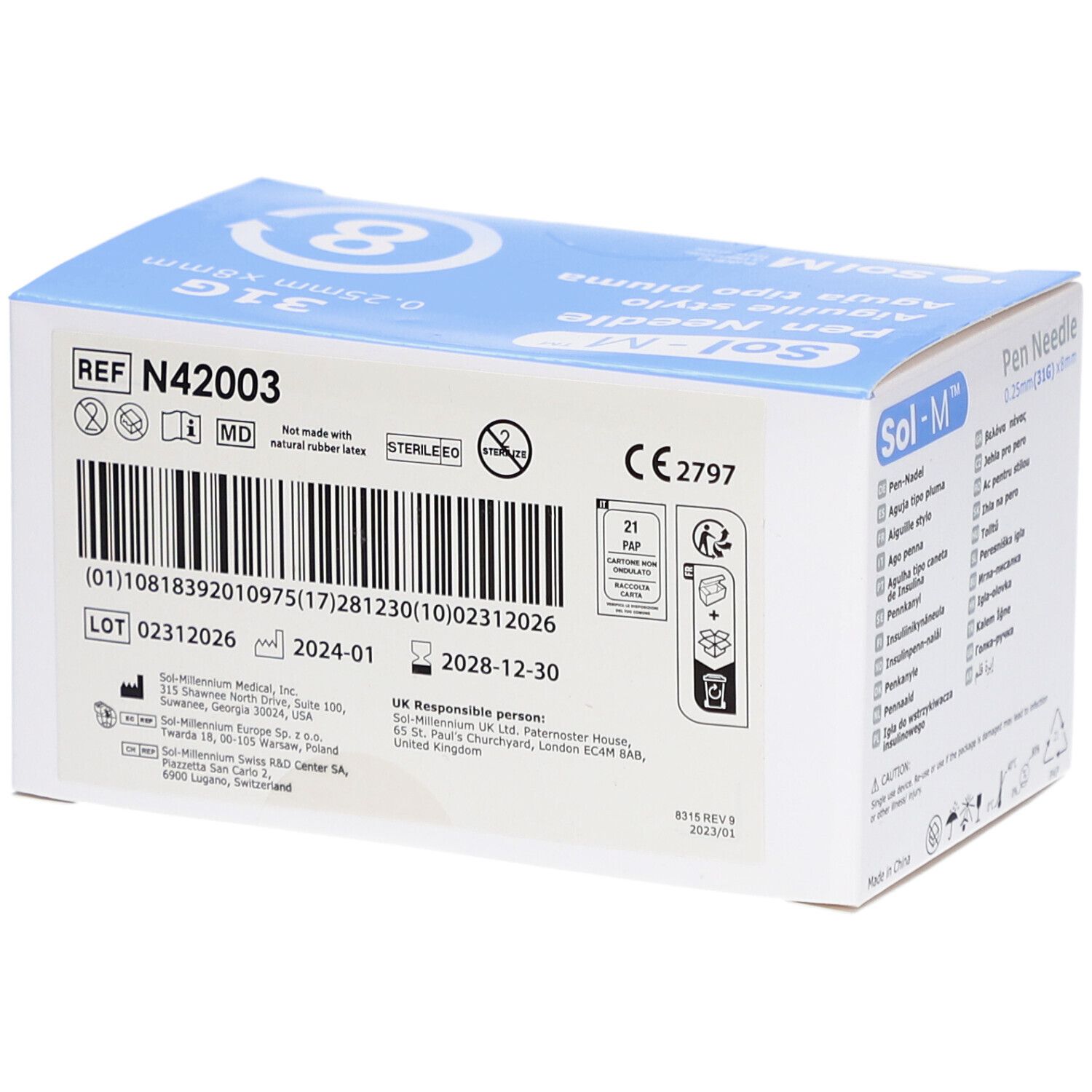 Boîte Sol-M Pen Needle. Emballage bleu et blanc avec informations produit. Numéro de référence, lot, date d'expiration, marquage CE.