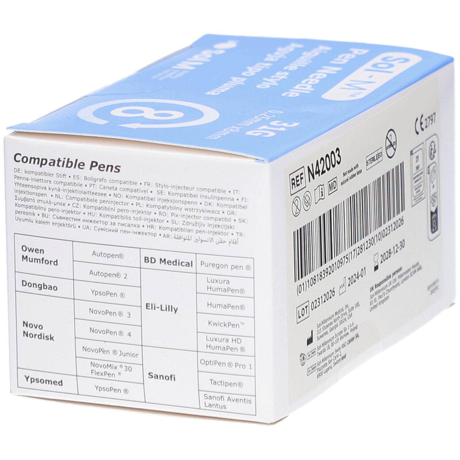 Boîte Sol-M Pen Needle. Emballage bleu et blanc avec informations produit. Liste des stylos compatibles. Marquage CE.