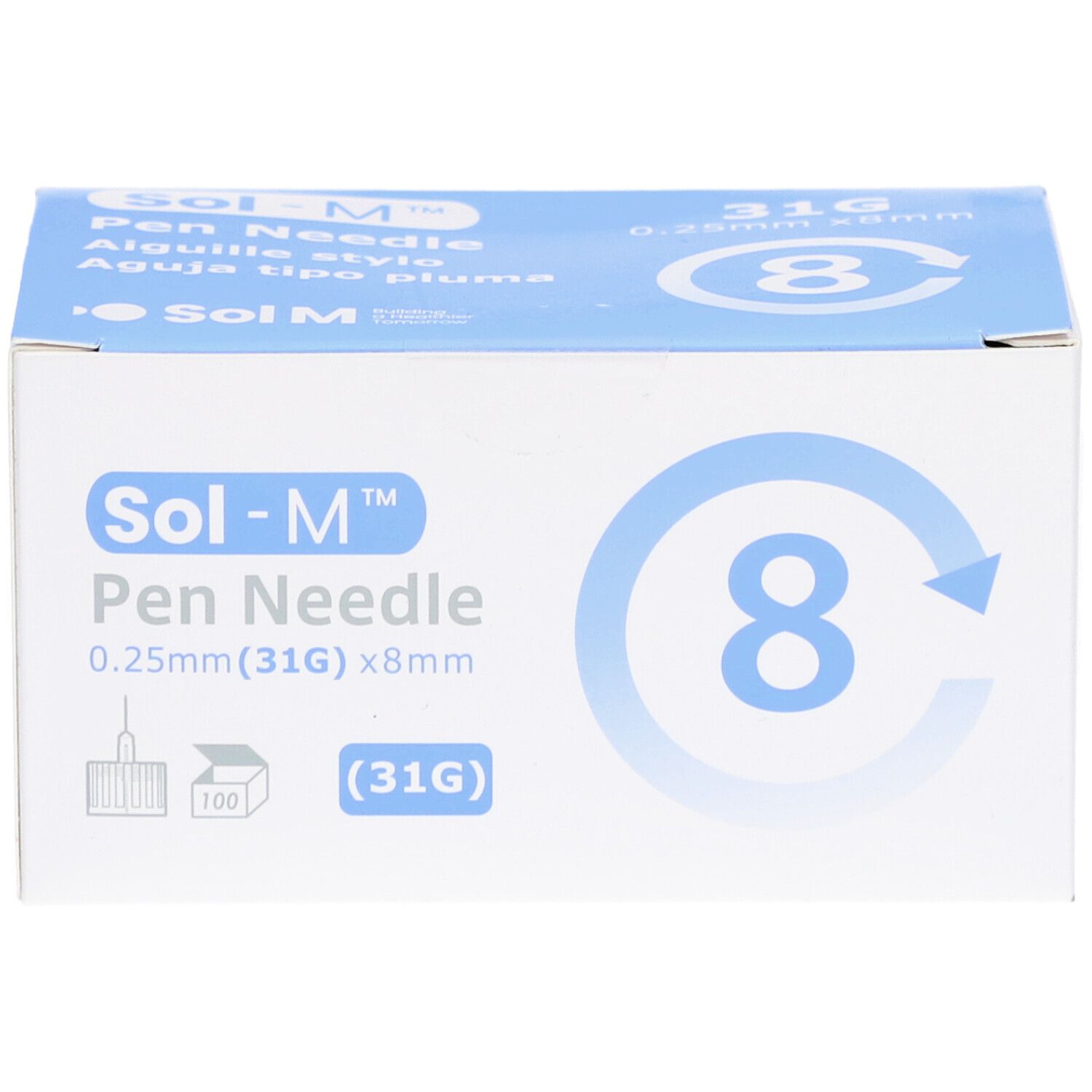 Boîte Sol-M Pen Needle. Emballage bleu et blanc avec informations produit. 0,25 mm (31G) x 8 mm. 100 pièces.