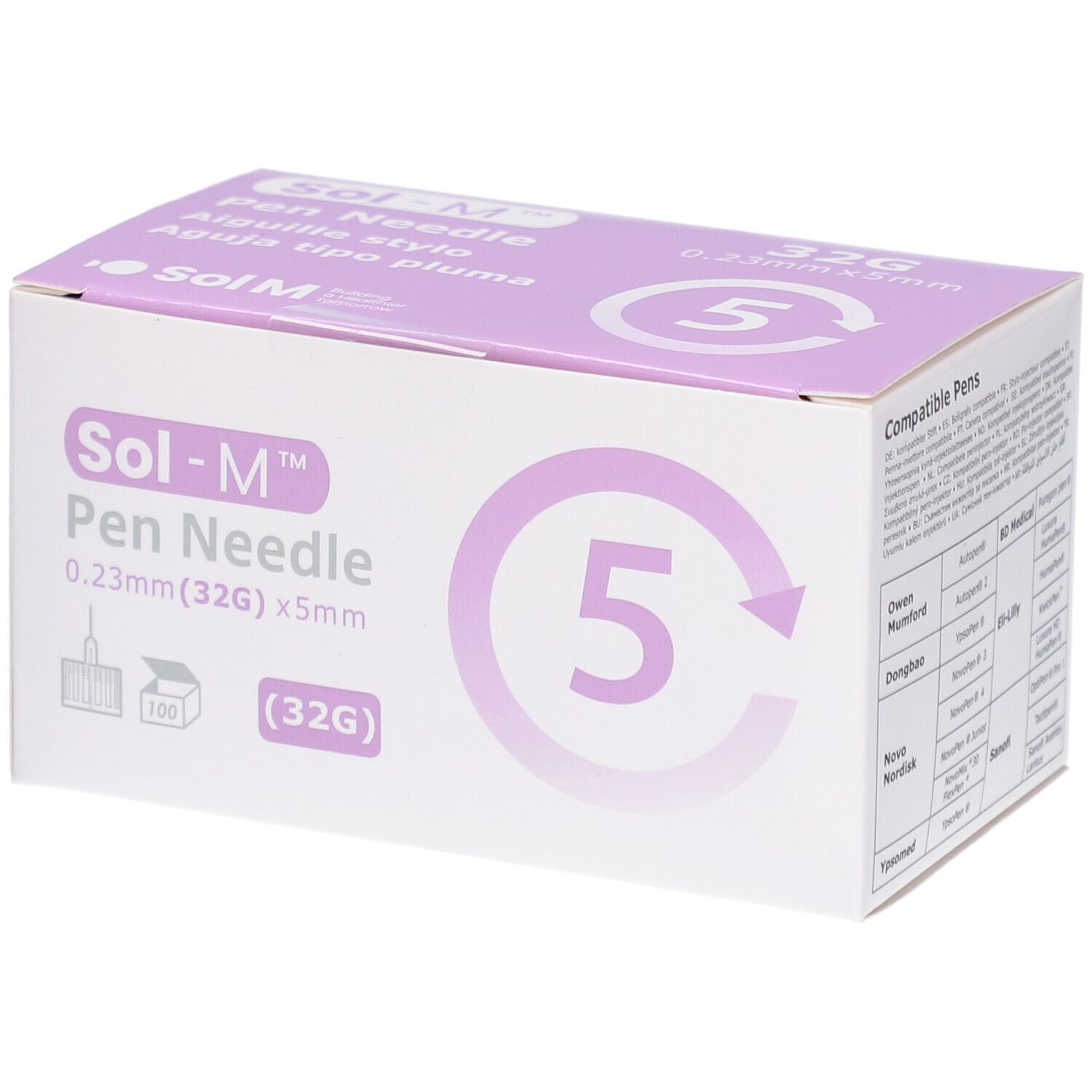 Verpackung von Sol-M Pen Nadeln. Aufdruck: 0,23 mm x 5 mm, 32G. Lila Akzent. 100 Stück.