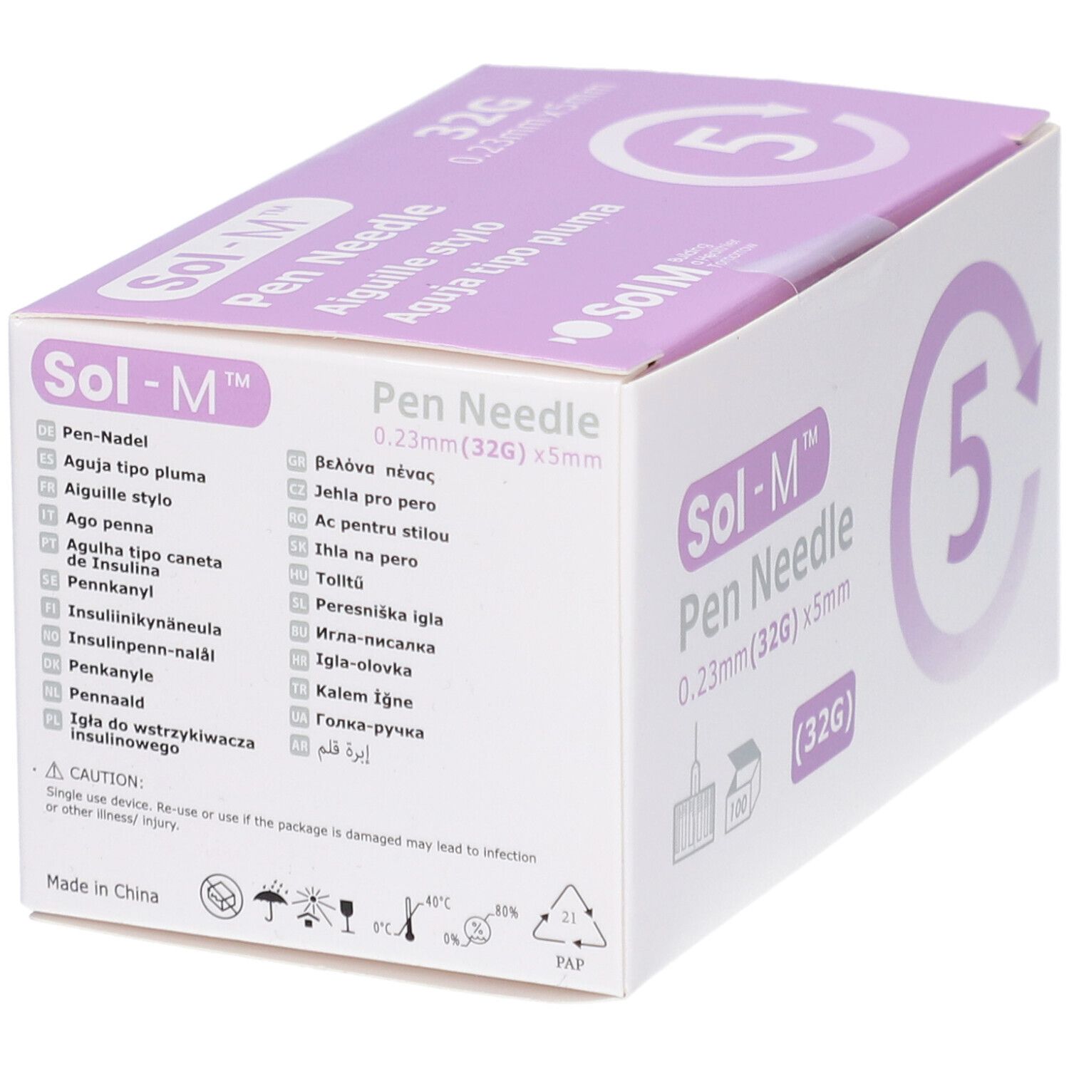 Verpackung von Sol-M Pen Nadeln. Aufdruck: 0,23 mm x 5 mm, 32G. Mehrsprachige Texte. Warnhinweise.