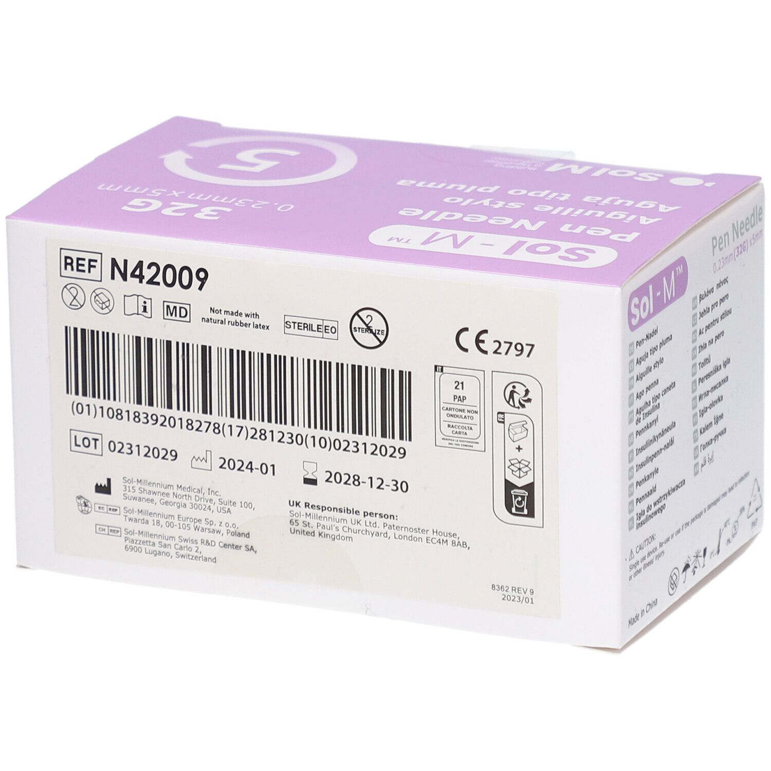 Verpackung von Sol-M Pen Nadeln. Aufdruck: 0,23 mm x 5 mm, 32G. Barcode, Chargennummer, Verfallsdatum, CE-Kennzeichnung.
