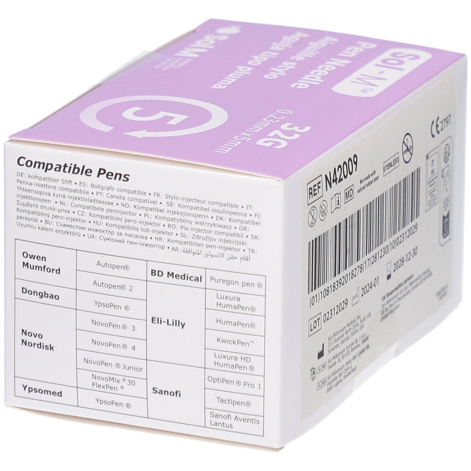 Verpackung von Sol-M Pen Nadeln. Aufdruck: 0,23 mm x 5 mm, 32G. Kompatible Pen-Modelle.