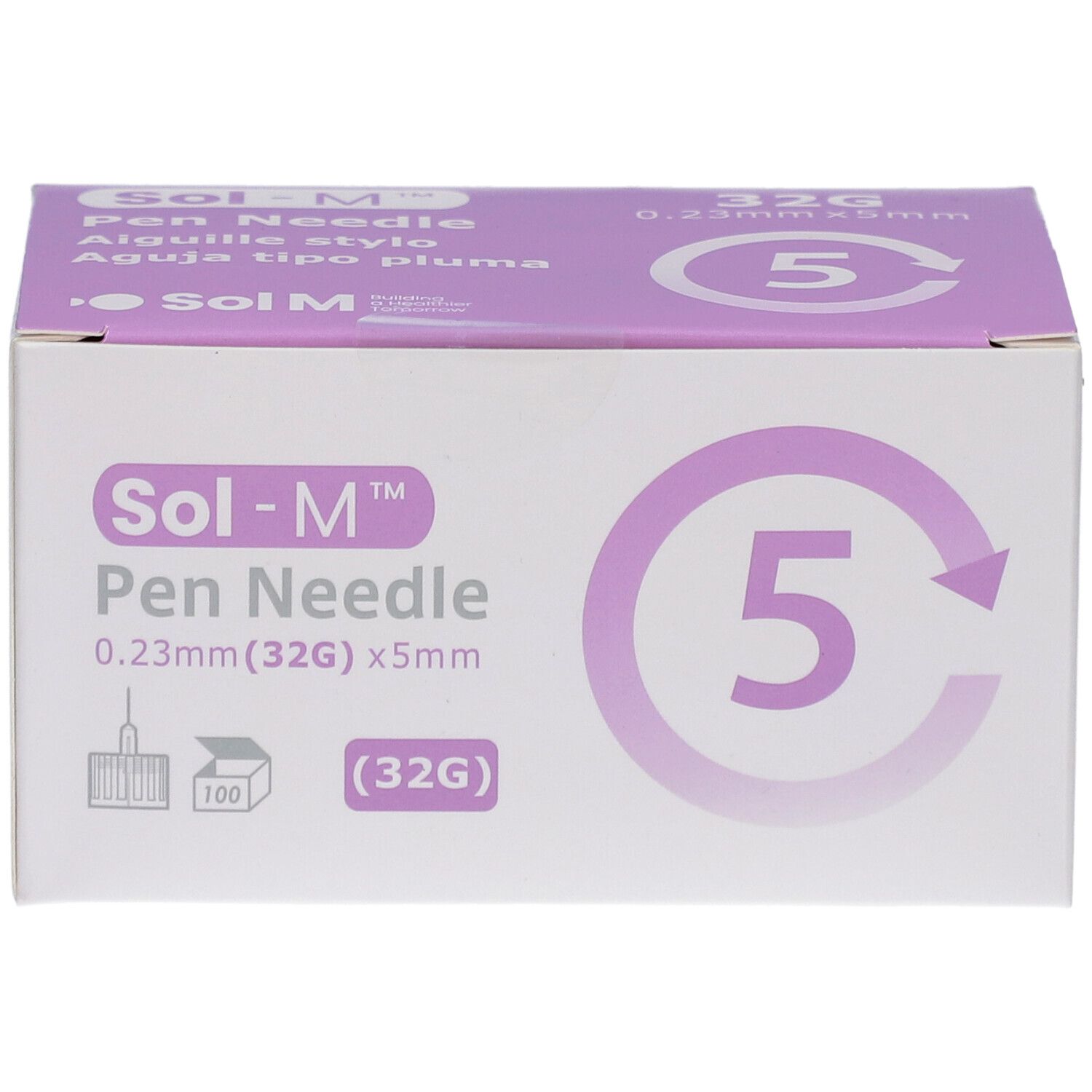 Verpackung von Sol-M Pen Nadeln. Aufdruck: 0,23 mm x 5 mm, 32G. Lila Akzent. 100 Stück.
