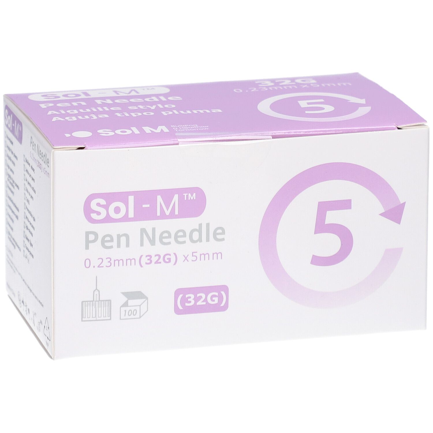 Verpackung von Sol-M Pen Nadeln. Aufdruck: 0,23 mm x 5 mm, 32G. Lila Akzent. 100 Stück.