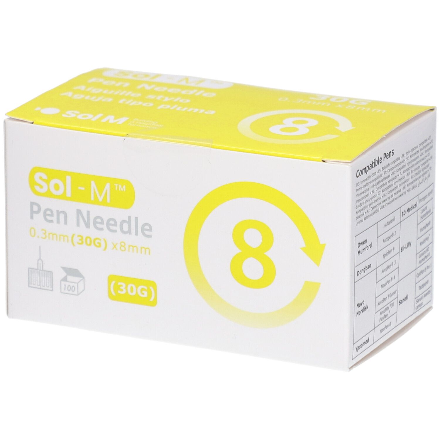 Verpackung von Sol-M Pen Nadeln. Aufschrift: 0,3 mm (30G) x 8 mm. Gelber Akzent mit der Zahl 8. 100 Stück.