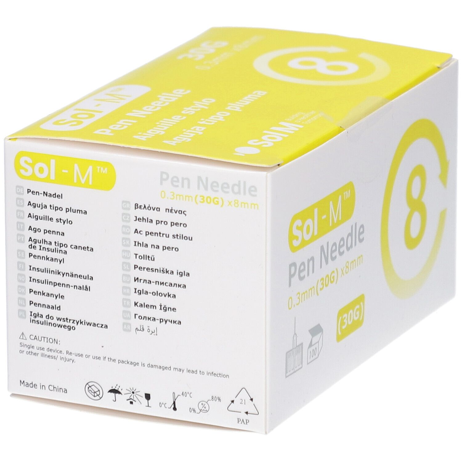 Schräg gestellte Verpackung von Sol-M Pen Nadeln. Aufschrift: 0,3 mm (30G) x 8 mm. Gelber Akzent mit der Zahl 8. Mehrsprachige Texte.