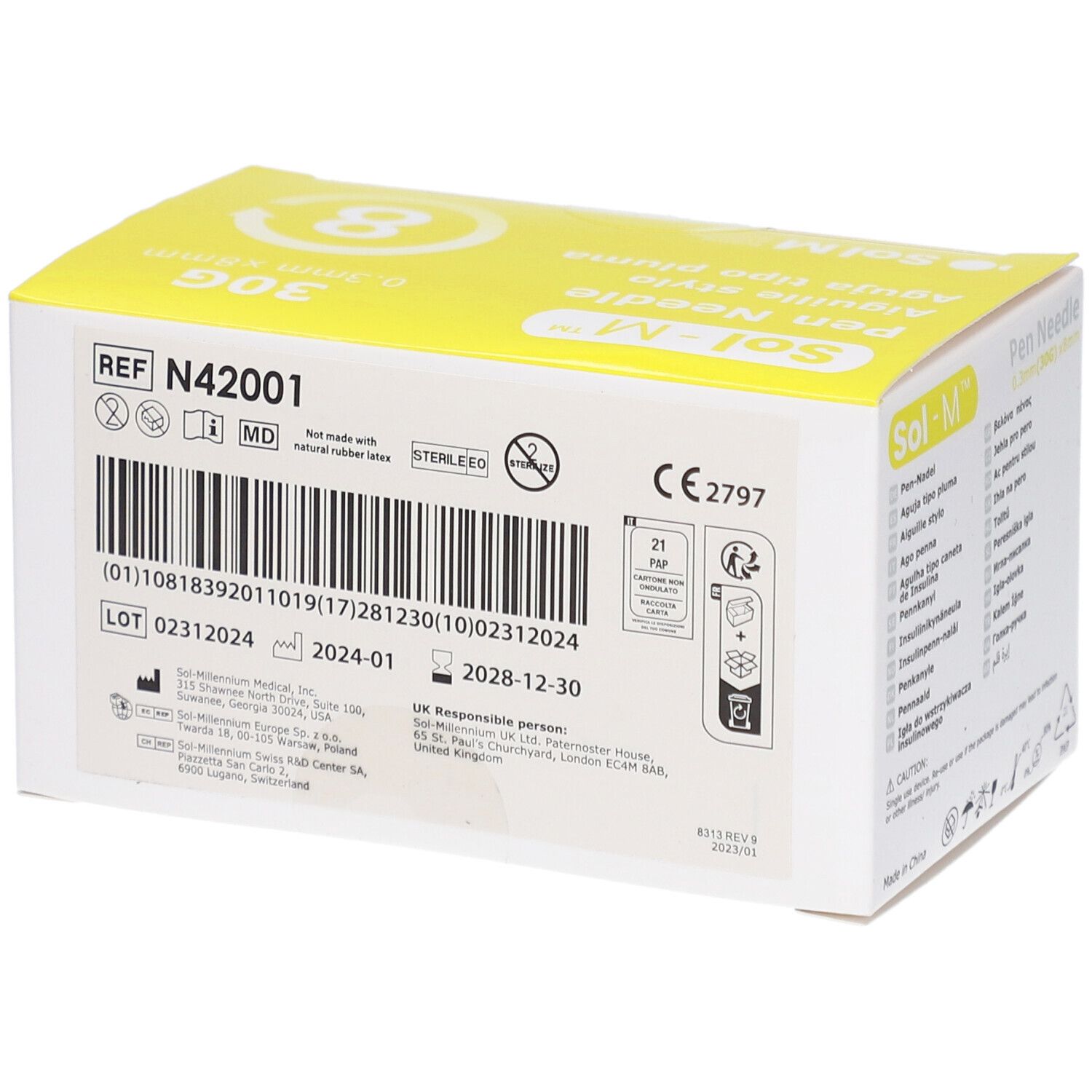 Rückseite der Verpackung von Sol-M Pen Nadeln. Barcode, REF-Nummer, MD-Zeichen, Steril-Zeichen, CE-Kennzeichnung. Verfallsdatum.