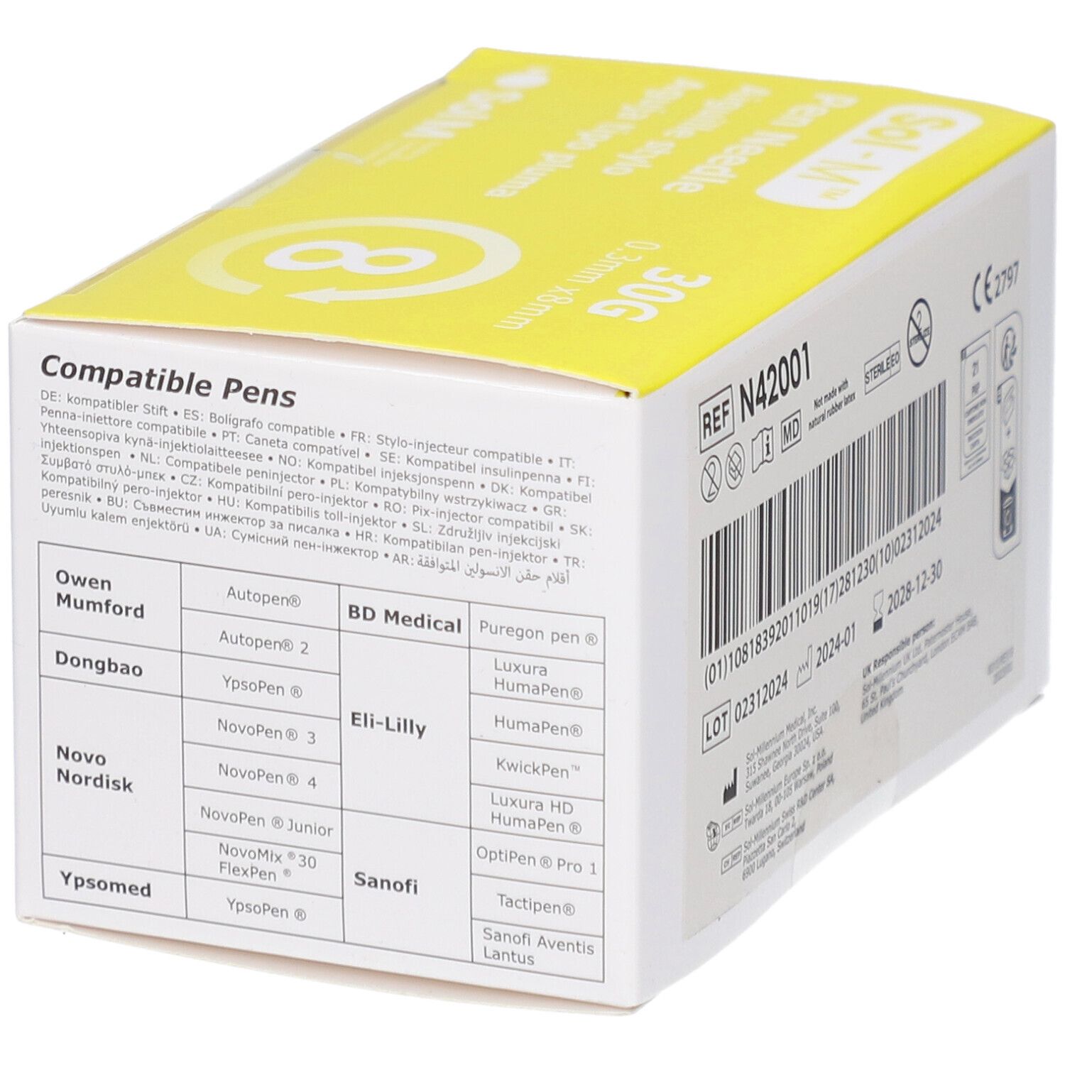 Verpackung von Sol-M Pen Nadeln. Auflistung kompatibler Pens. CE-Kennzeichnung. REF-Nummer. Barcode. Verfallsdatum.