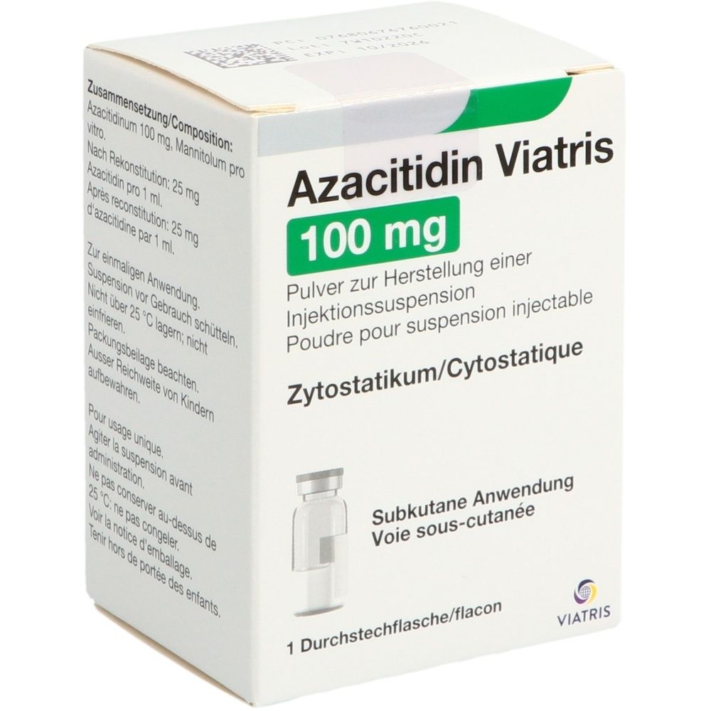 Weiße Faltschachtel mit Aufschrift Azacitidin Viatris 100 mg. Enthält eine Durchstechflasche. Zytostatikum.