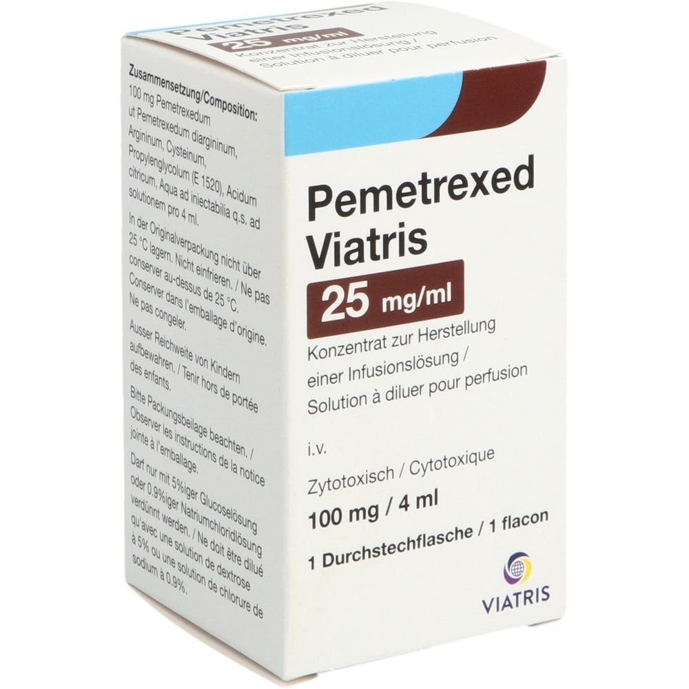 Boîte Pemetrexed Viatris 25 mg/ml. Contient 1 flacon. Inscriptions en plusieurs langues. Accents marron et bleu.