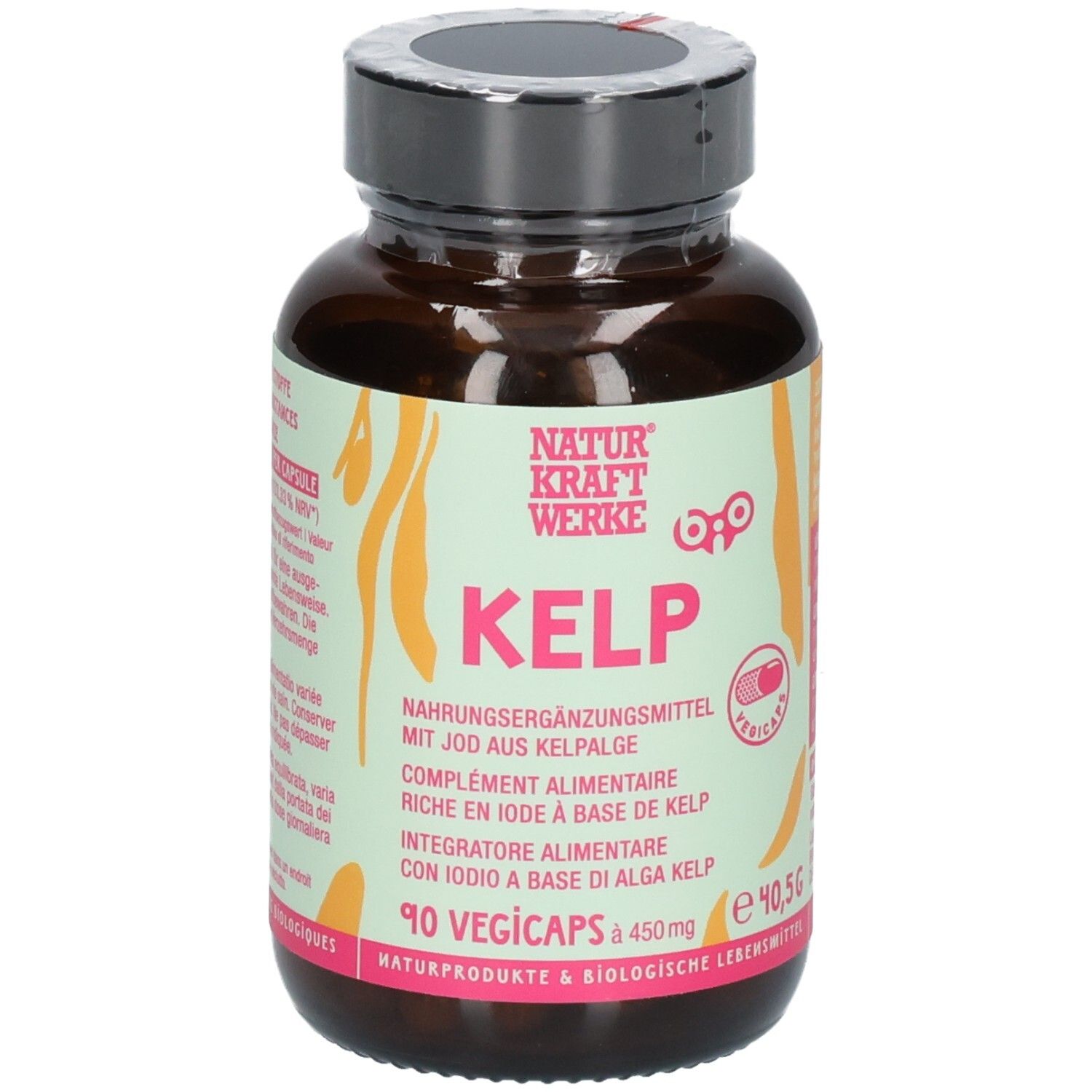 NATURKRAFTWERKE Kelp Vegicaps : flacon en verre brun de 90 gélules, 450 mg.