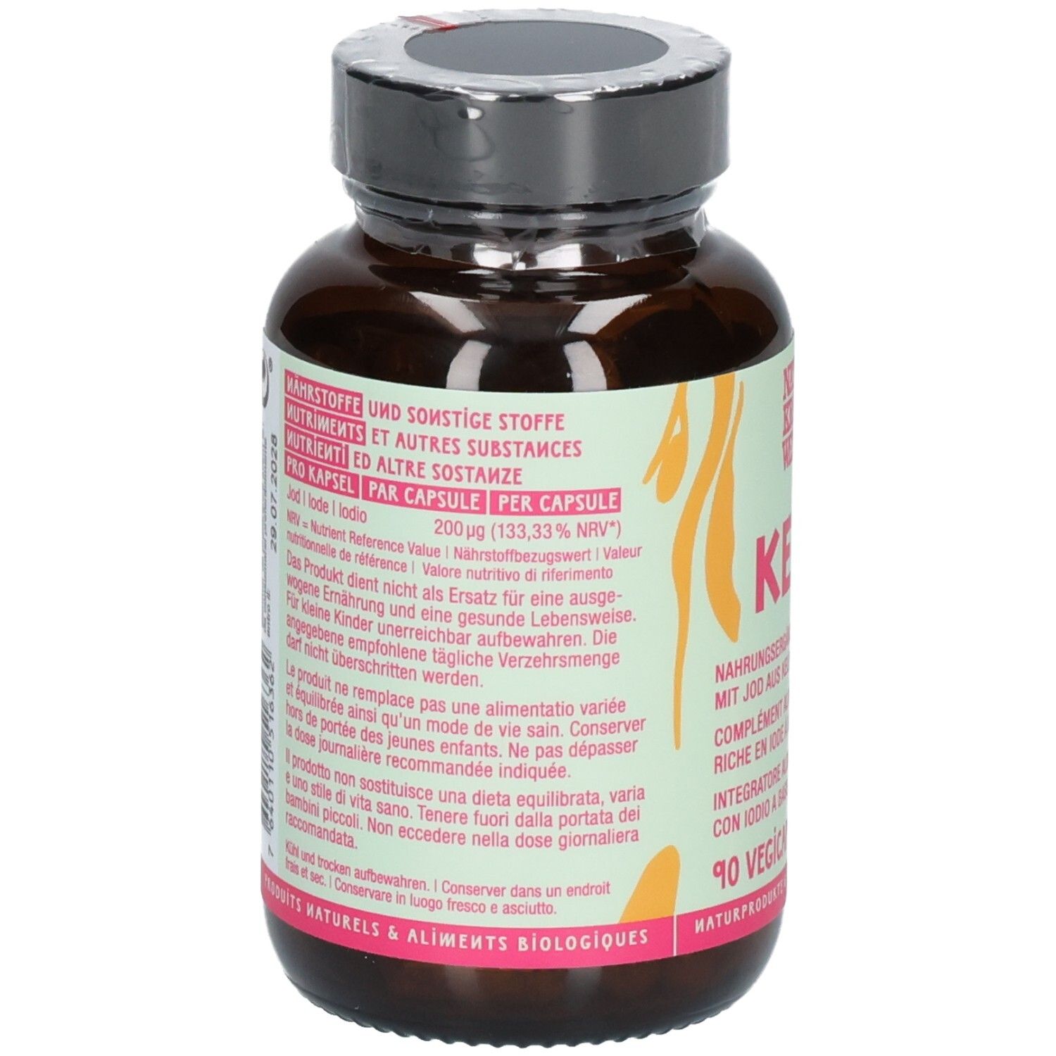Arrière de la bouteille NATURKRAFTWERKE Kelp Vegicaps avec informations nutritionnelles et ingrédients.