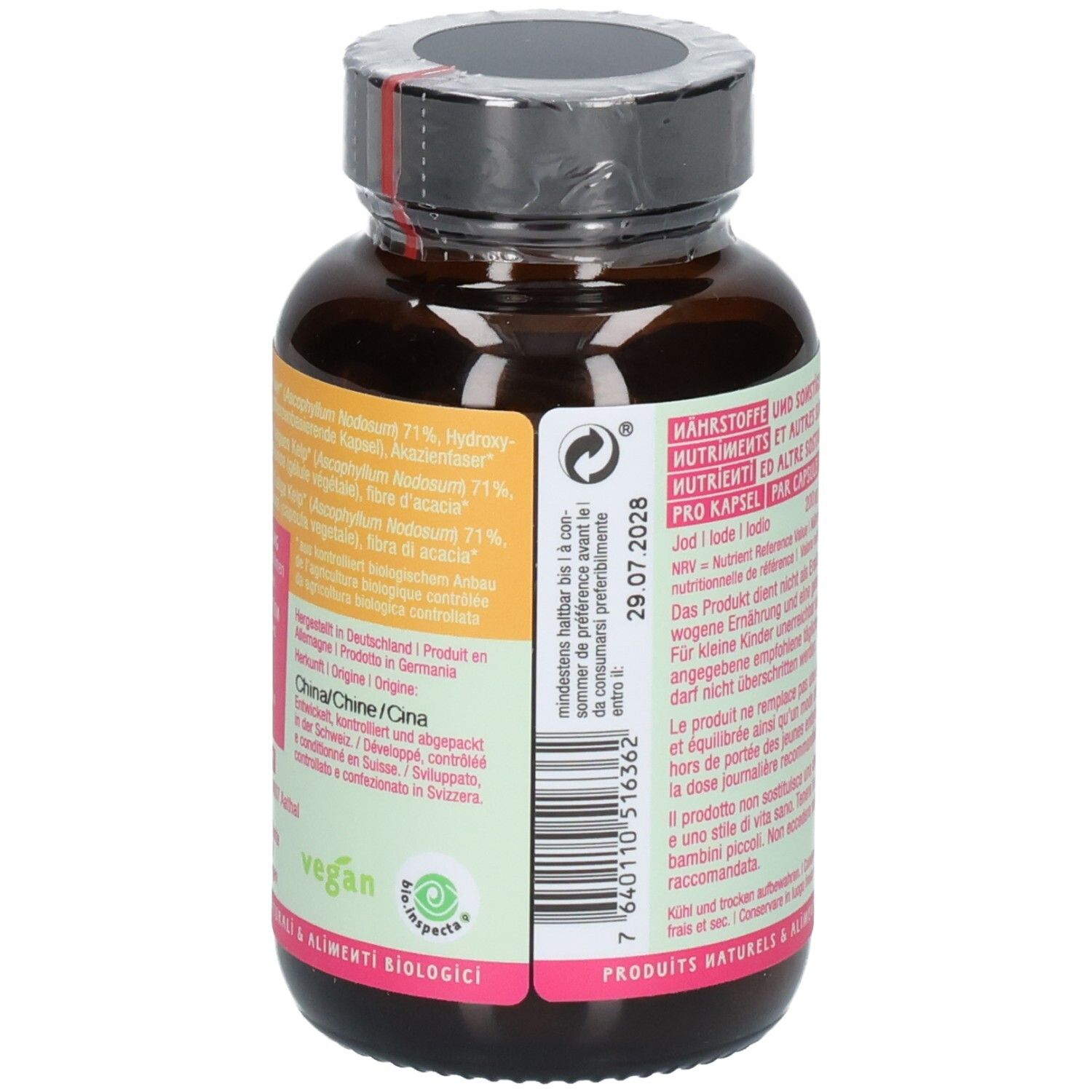 Vue latérale de la bouteille NATURKRAFTWERKE Kelp Vegicaps avec sceaux Bio et Vegan.
