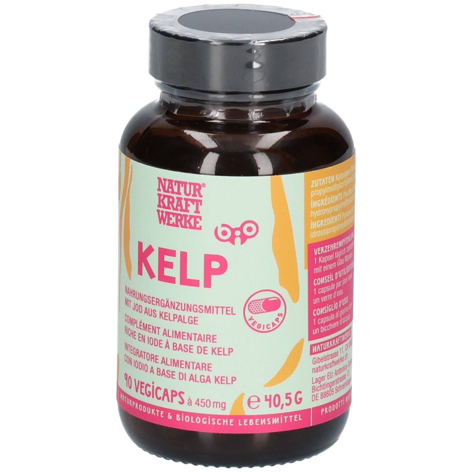 NATURKRAFTWERKE Kelp Vegicaps : étiquette de bouteille avec informations produit et 90 Vegicaps.